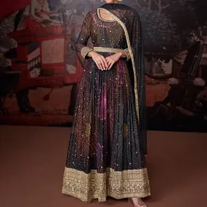 Black Printed Embroidered Georgette Style Anarkali Dress With Dupatta