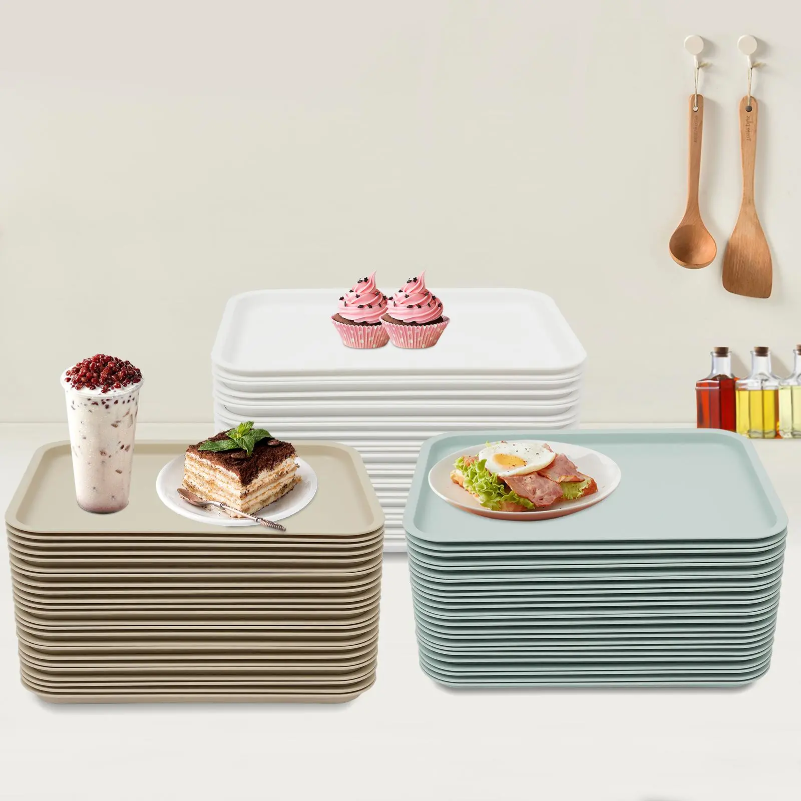 24 Pack Plastic Food Trays,10.6" x 14.2" PP Cafeteria Trays Plastic Serving Trays,Heat Resistance 248 Degrees Fahrenheit, Dishwasher&Microwave Safe Plates Blue