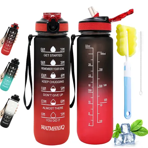 Mumutan 32oz Drop-Resistant Polycarbonate Sports Water Bottle - BPA-Free Drinkware, Leakproof, Straw-Included, Hydration Time Markers, Capacity Labels, Fruit-Compatible, Fitness Quotes, Carrying Loop (Black Red, Reusable, Gym Stuff)