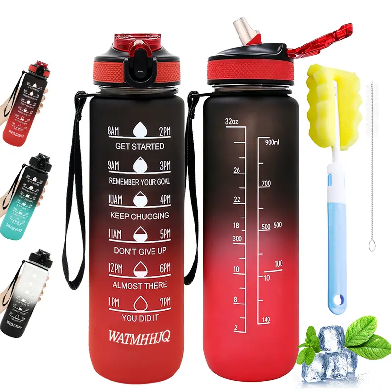 Mumutan 32oz Drop-Resistant Polycarbonate Sports Water Bottle - BPA-Free Drinkware, Leakproof, Straw-Included, Hydration Time Markers, Capacity Labels, Fruit-Compatible, Fitness Quotes, Carrying Loop (Black Red, Reusable, Gym Stuff)