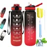 Mumutan 32oz Drop-Resistant Polycarbonate Sports Water Bottle - BPA-Free Drinkware, Leakproof, Straw-Included, Hydration Time Markers, Capacity Labels, Fruit-Compatible, Fitness Quotes, Carrying Loop (Black Red, Reusable, Gym Stuff)