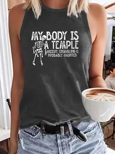 Women's Skeleton Print Round Neck Tank Top, Fashion Casual Crew Neck Sleeveless Top for Daily Outdoor Wear, Womenswear, Ladies Clothes for Summer, Socks