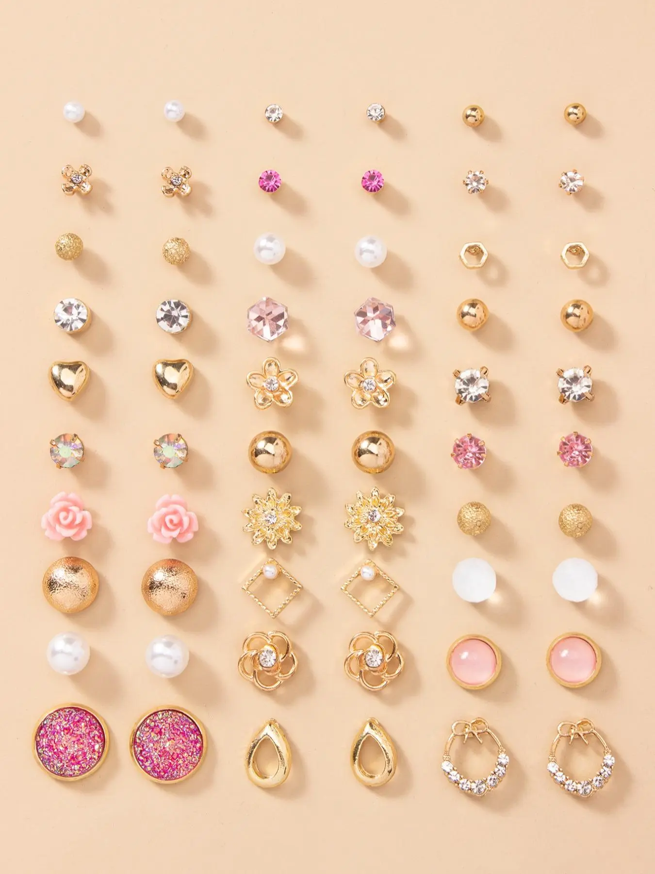 30 Pairs Women's Elegant Rhinestone & Faux Pearl Decorated Stud Earrings, Heart & Flower & Bowknot Design Stud Earrings,  Fashionable Jewelry For Women & Girls