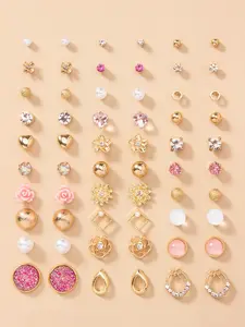 30 Pairs Women's Elegant Rhinestone & Faux Pearl Decorated Stud Earrings, Heart & Flower & Bowknot Design Stud Earrings,  Fashionable Jewelry For Women & Girls