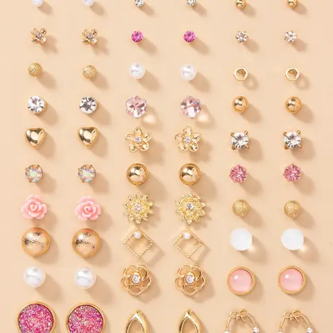 30 Pairs Women's Elegant Rhinestone & Faux Pearl Decorated Stud Earrings, Heart & Flower & Bowknot Design Stud Earrings,  Fashionable Jewelry For Women & Girls