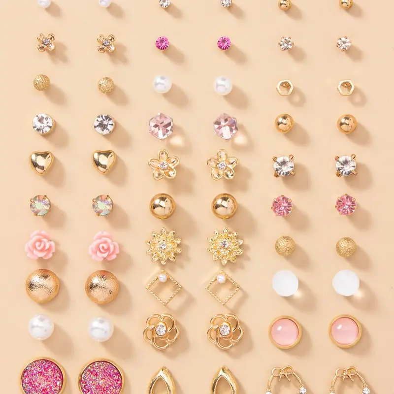 30 Pairs Women's Elegant Rhinestone & Faux Pearl Decorated Stud Earrings, Heart & Flower & Bowknot Design Stud Earrings,  Fashionable Jewelry For Women & Girls