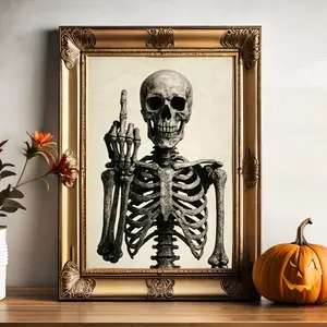 Middle Finger Skeleton Halloween Print - Gothic Black and White Horror Poster - Dark Academia Occult Wall Art