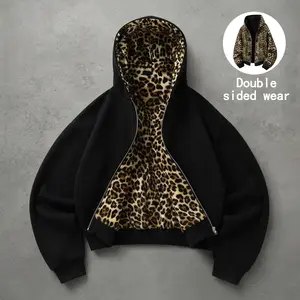 Unisex cotton zip-up hooded jacket with leopard print lining, reversible for both front and back wear; loose long-sleeve sweatshirt jacket for autumn/winter, retro street casual top.