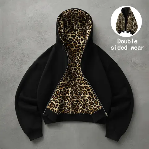 Unisex cotton-blend fabric set featuring a leopard-print lining and zipper hood; reversible hoodie jacket + casual long pants.Loose retro street-style casual two-piece set.