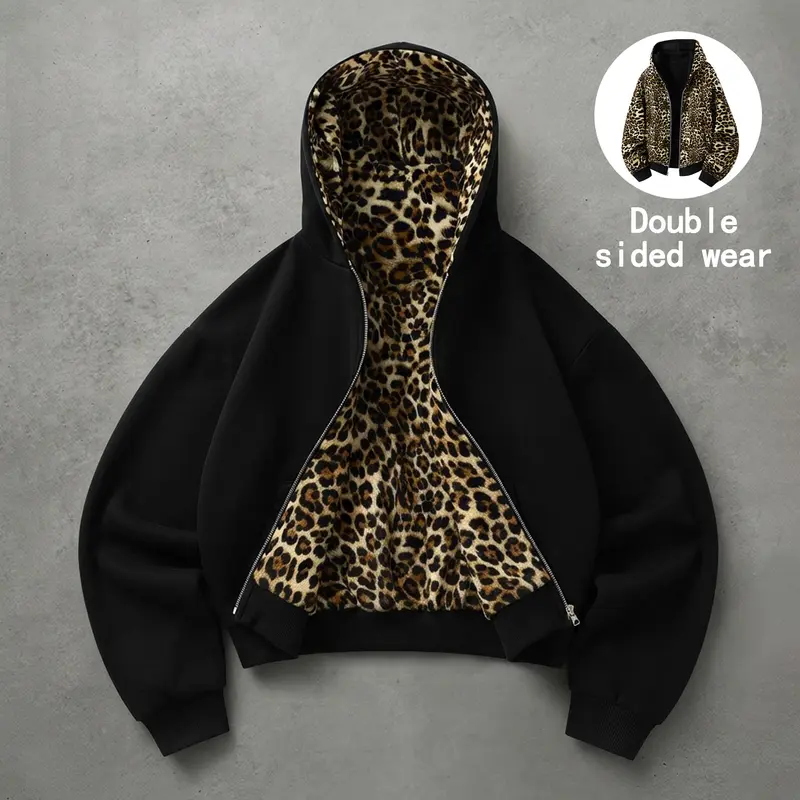 Unisex cotton-blend fabric set featuring a leopard-print lining and zipper hood; reversible hoodie jacket + casual long pants.Loose retro street-style casual two-piece set.