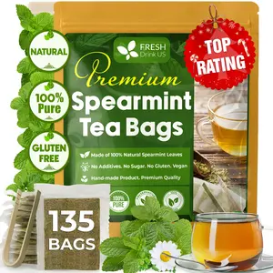 FreshDrinkUS, Premium 135 Spearmint Tea Bags, 100% Natural & Pure Spearmint Leaves. Loose Leaf Spearmint Herbal Tea. Spearmint Leaf Tea. No Sugar, No Caffeine, No Gluten, Vegan.