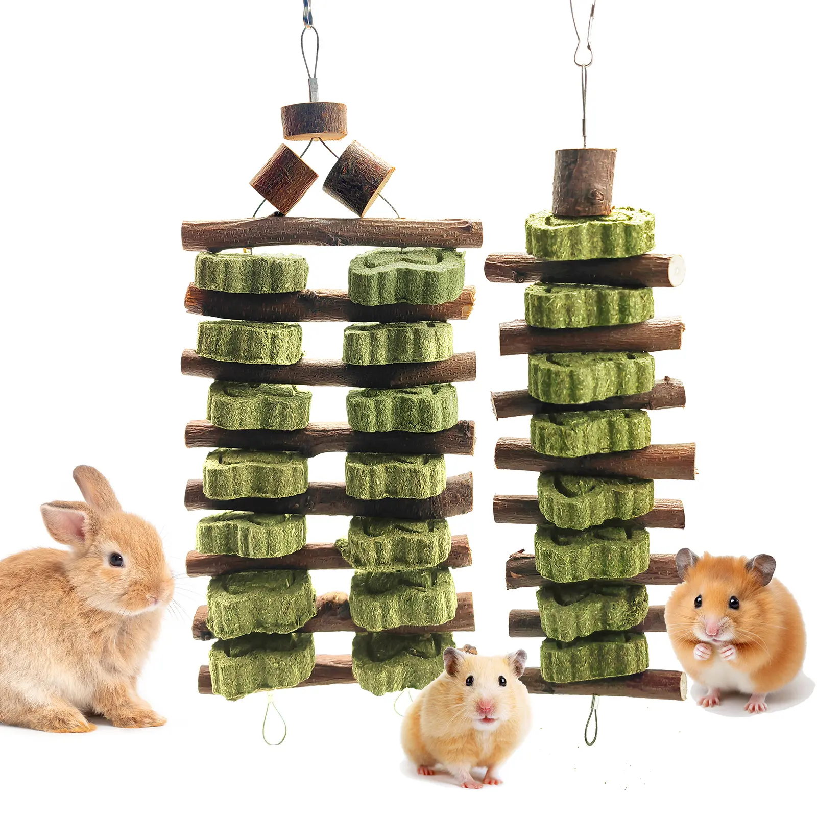 Bunny Chew Toys, Rabbit Chew Toys for Teeth Grinding, Natural Organic Apple Wood Stick Timothy Grass Cake for Improve Rabbits Guinea Pigs Hamsters Dental Health