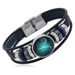 12 Constellation Bracelets Wholesale Gemstone Starry Sky Watch Buckle Leather Bracelet Fashion Zodiac Jewelry Accessories for Women Men