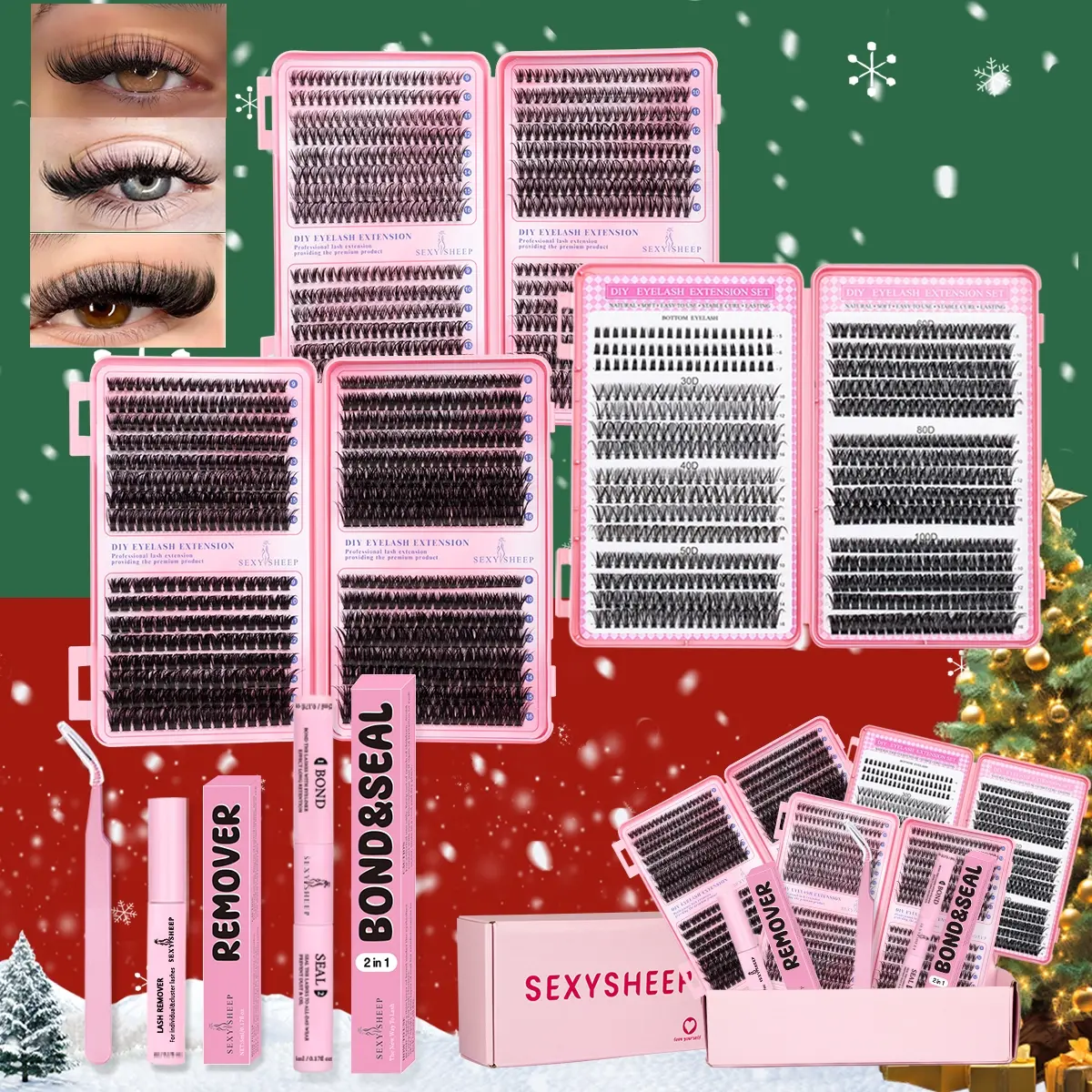 Christmas Eyelash Extension Cluster Set Gift Box with Bond & Sealer & Remover & Tweezers, D Curl Natural DIY False Lashes for Beginners, Cluster Eyelash Extensions, Beginner Friendly Lashes