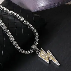 Hip Hop Alloy Full Zircon Lightning Pendant Necklace Men's Tennis Chain Accessories