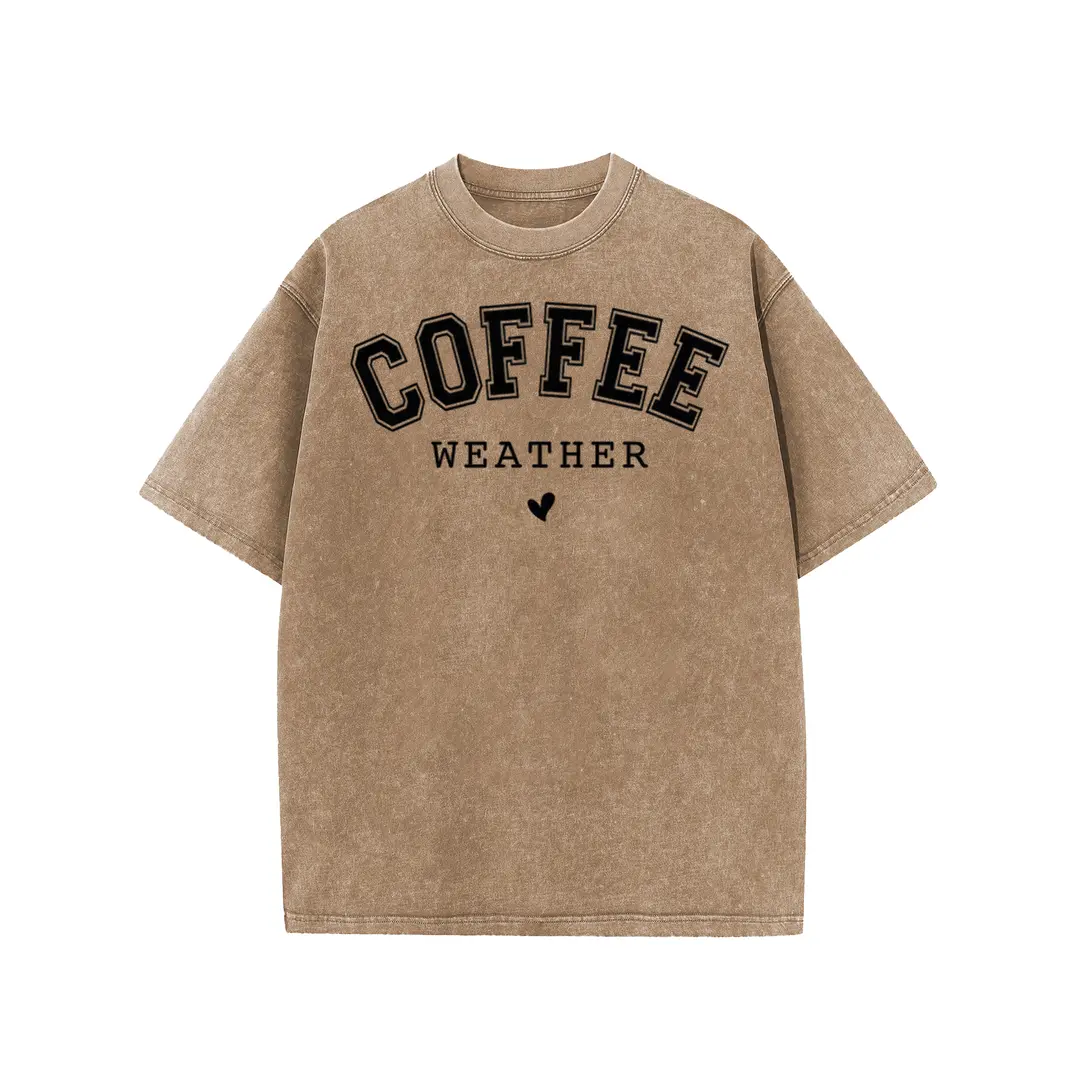 [S-5XL] Holafish Women's Acid Washed Short-Sleeve Graphic Top - Coffee Print, Drop Shoulder, Oversized Baggy Street Fit, Round Neck, Everyday Comfortable Casual Days Wear, Instant Style, Women's T Shirts, Back To School