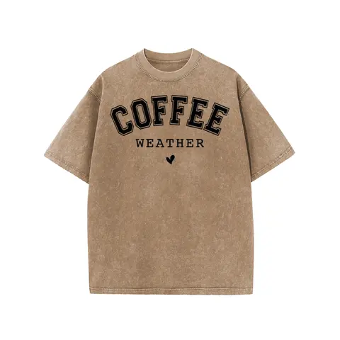Holafish Women's Oversized Acid Washed Short Sleeve Graphic T-Shirt [S-5XL], Coffee Print, Drop Shoulder, Round Neck, Streetwear, Comfortable, Style Piece, Casual Everyday Wear