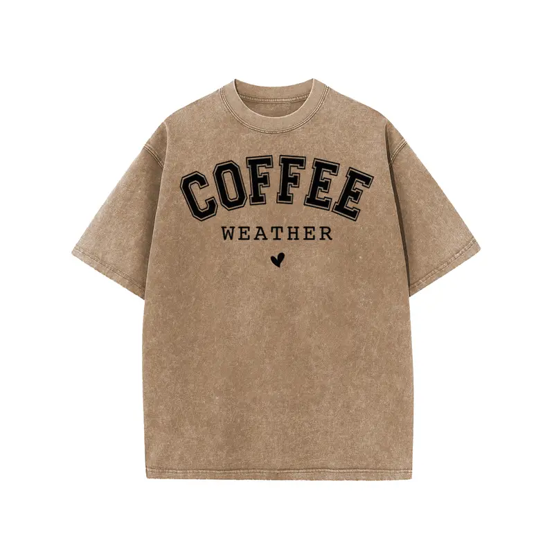 Holafish Women's Oversized Acid Washed Short Sleeve Graphic T-Shirt [S-5XL], Coffee Print, Drop Shoulder, Round Neck, Streetwear, Comfortable, Style Piece, Casual Everyday Wear