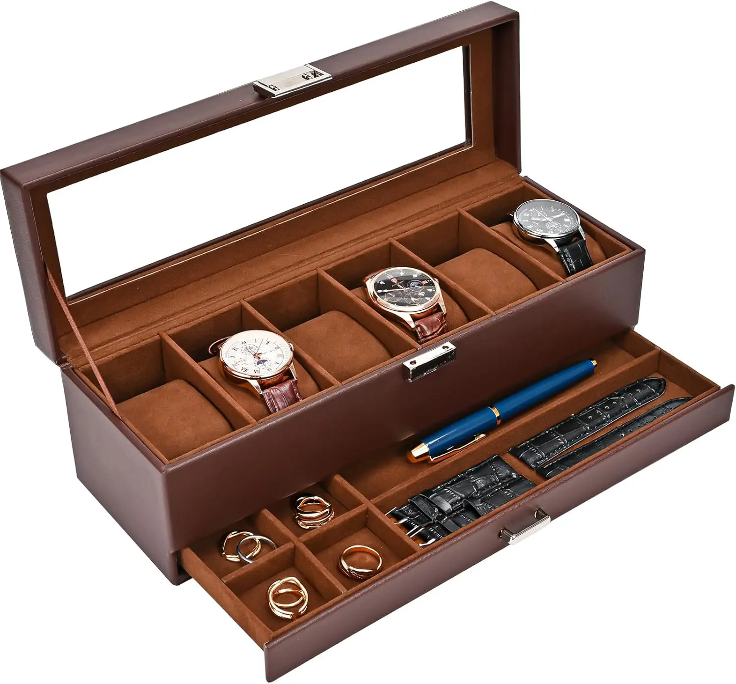 Watch Box Organizer, 6 Slot Watches Display Case with Drawer, Mens Watch Case with Glass Lid, 2-Layer Mens Jewelry Organizer Storage Holder, Birthday Gift, Father's Day Gift, Valentine's Gift