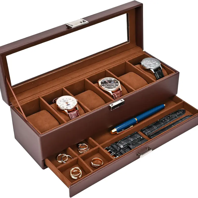 Watch Box Organizer, 6 Slot Watches Display Case with Drawer, Mens Watch Case with Glass Lid, 2-Layer Mens Jewelry Organizer Storage Holder, Birthday Gift, Father's Day Gift, Valentine's Gift