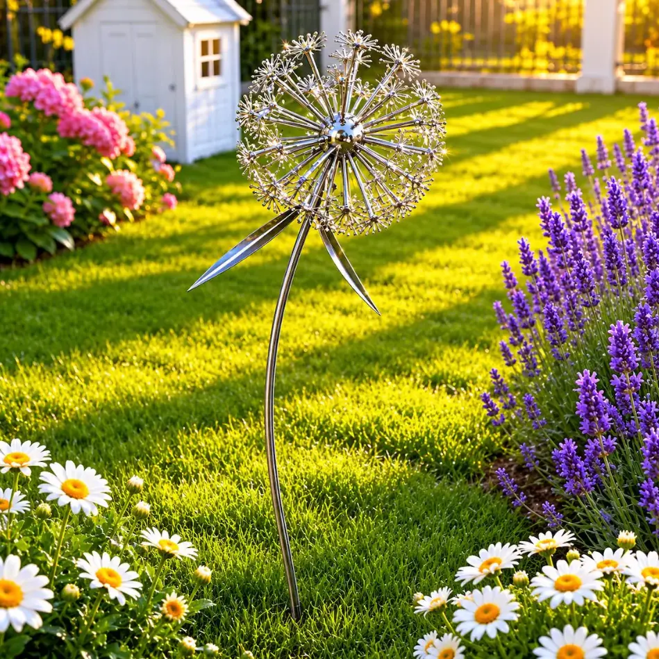Metal Dandelion Garden Stake Decor - Outdoor Wind Sculpture, Rustic Art, Home Improvement Supplies, Beautiful Décor for Housewarming Gifts, Birthdays, Moms, Cottage Garden Styling