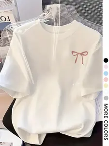Women's Bowknot Print Round Neck Tee, Casual Short Sleeve Crew Neck T-Shirt for Daily Wear, Ladies Clothes for All Seasons, Top