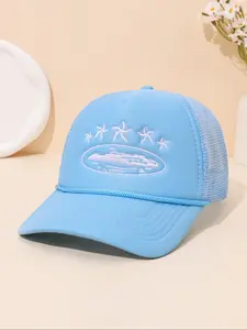 Y2K Style Five-Pointed Star Embroidered Sun Hat for Men Women, Adjustable Casual Protection for Travel Beach Spring Autumn
