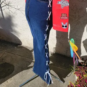 CaliGirl Lace-up Flare Denim Jeans Streewear Patchwork Custom Denim Pants Womenswear Bottom Casual Fashion Trouser Day Top