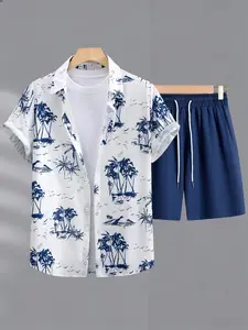 Men's Summer 2-Piece Set Hawaiian Style Tropical Plant Short Sleeve Shirt and Comfortable Blue Shorts, Perfect for Vacation