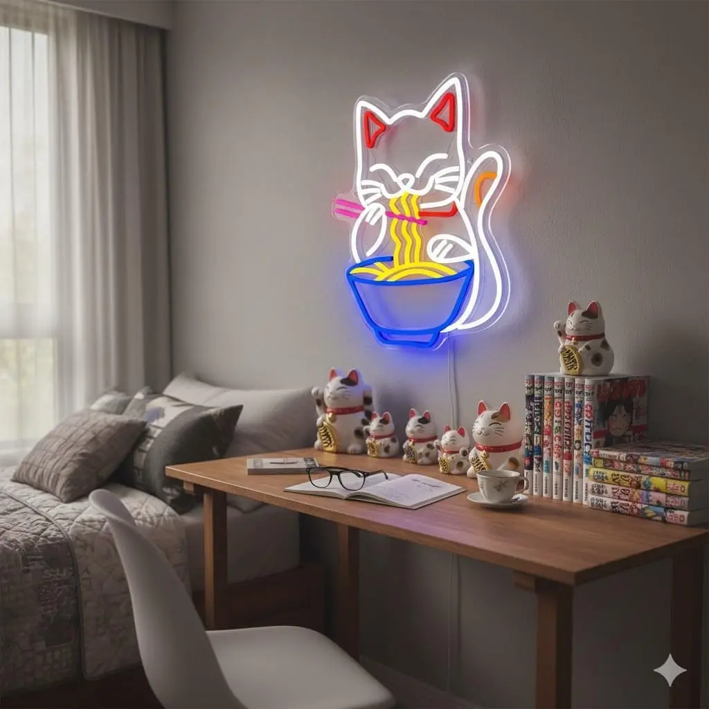 Maneki Neko Ramen Neon LED Wall Art, Japanese Lucky Cat Home Decor, Blue Glow, USB Powered, Anime Cat Lamp, Bedroom or Living Room