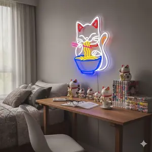 Maneki Neko Ramen Neon LED Wall Art, Japanese Lucky Cat Home Decor, Blue Glow, USB Powered, Anime Cat Lamp, Bedroom or Living Room