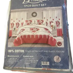 Priscilla 7-Pcs Quilt Set - Queen/King Size 100% Cotton Extra Soft Subtle Texture Bedding Set with Quilt Shams Curtains