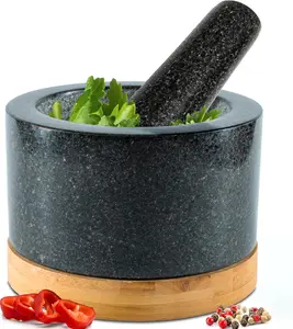 Heavy-Duty Mortar and Pestle Set with Bamboo Base, 100% Natural Granite Small Stone Grinder Bowl, Molcajete, Guacamole Masher, 1.5 Cup Capacity, Polished Black