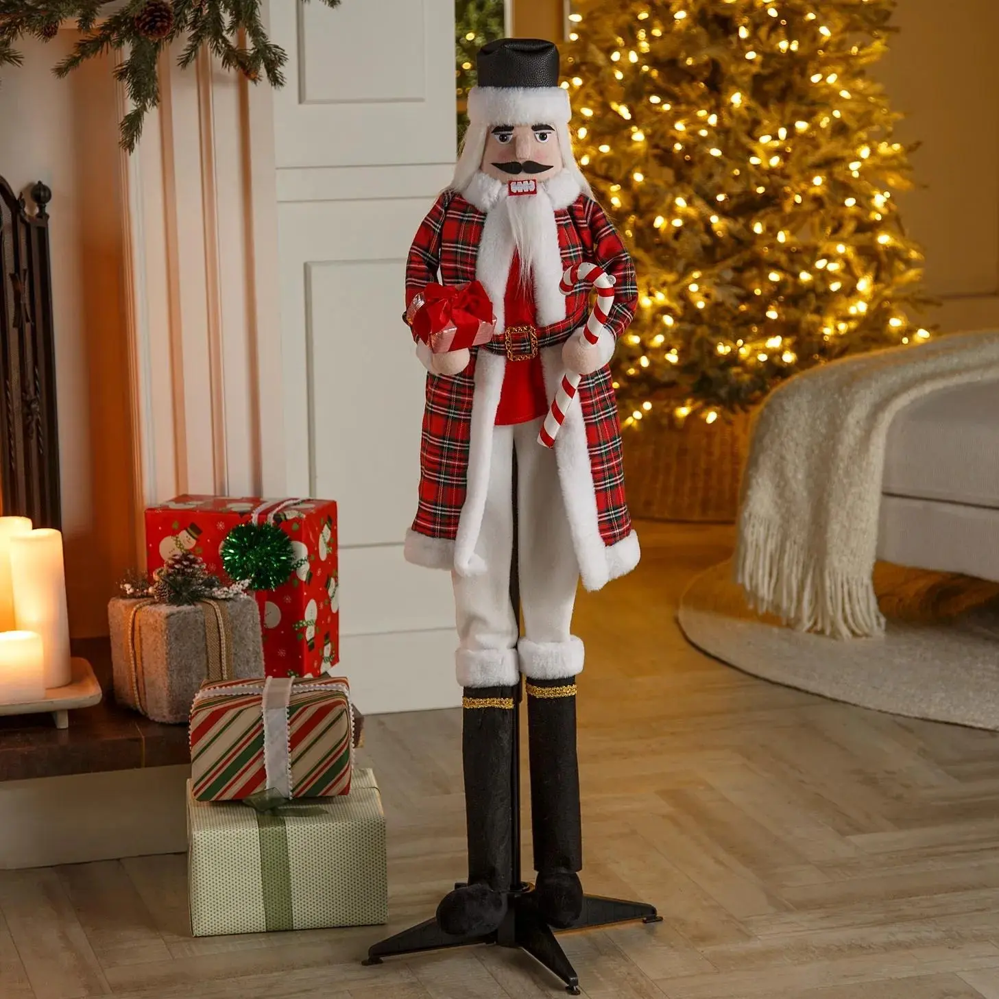 46" Animated Standing Christmas Nutcracker with Candy Cane, 16" Wide Holiday Soldier Decoration for Home & Entryway