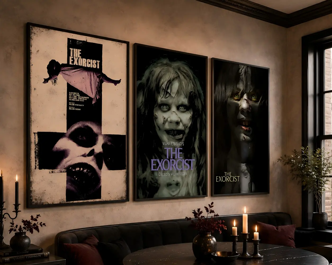 Halloween-themed movie canvas art—featuring a distressed-style cross collage print; a Gothic-retro movie poster perfect for the living room, studio, or office; cool decor to personalize your bedroom; a great gift for classic movie collectors.