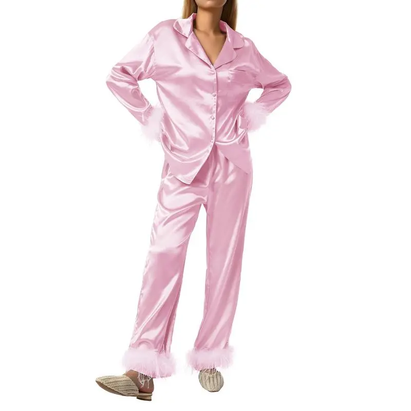 Women's Sleepwear, Feather Decoration Long Sleeve Button-Down Lapel Collar Tops + Pants Pajamas Set Feather Sleeve Pajamas Women Autumn Style Ice Satin Camel Feather Long
