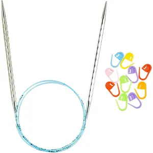 Rocket 2 Squared Ergonomic 32-inch (80cm) US 3 (3.25mm) Circular Knitting Needle, Textured Finish, Rounded Edges, Long Taper Sharp Tips, Blue Cord with 10 Colorful Stitch Markers