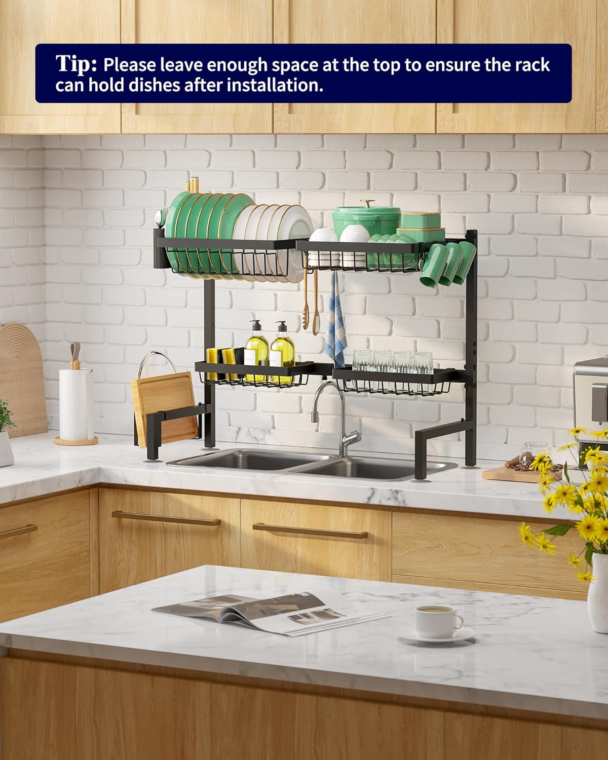 Over The Sink Dish Drying Rack - 30.0" to 33.9" x 21.5", Adjustable Sink Drying Rack for Kitchen Sink with Multifunctional Baskets, Black