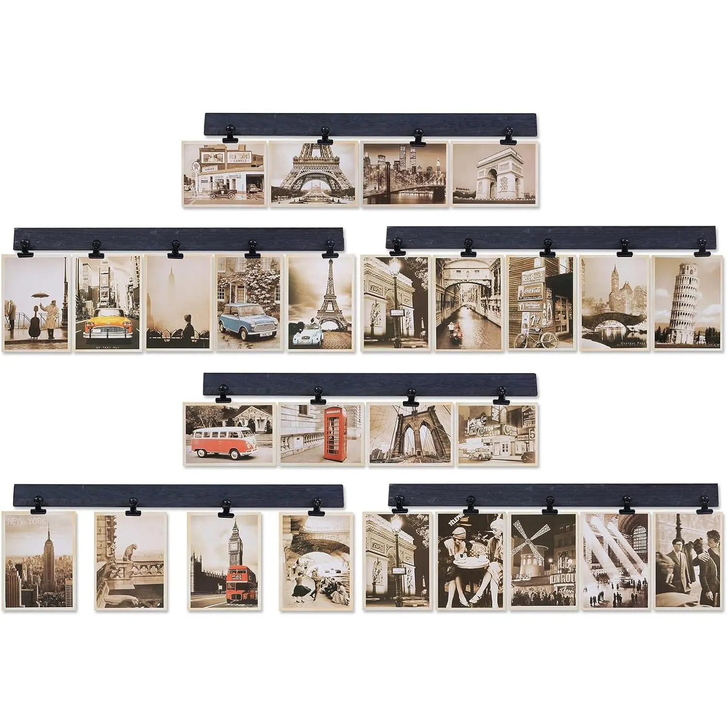 6 Picture Frames Collage Wall Decor With 30 Clips,  Photo Frame, No Drilling Required, Adhesive Stickers, Easy to Install, Black.