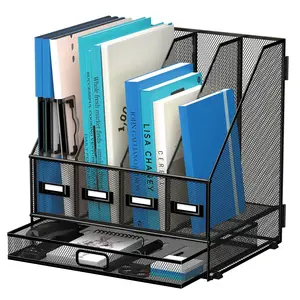 Metal Mesh Desk Organizer with 4 Vertical File Holders & Sliding Drawer, Desktop File Folder Storage Rack for Home Office School Workspace，Black