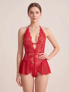 YIAII Women's Floral Lace Peplum Bodysuit Deep V Halter Front Cutout Teddy Lingerie