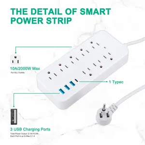 Wall Mountable USB Surge Protector Power Strip with USB Ports 8 Outlet Plugs USA
