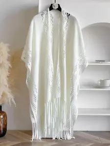 Women's Solid Color Crochet Fringe Trim Shawl, Tassel Decor Shawl, Casual Open Front Shawl for Daily Wear, Fashion Accessories for Women & Girls