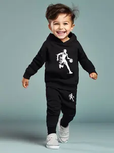 Boys' 2-Piece Casual Athletic Sports Clothing Set, Cartoon Basketball Player Print, Long Sleeve Hoodie and Pants, Perfect for Daily and Outdoor Wear