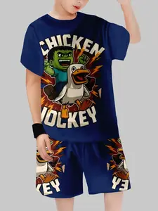 Kids Cartoon Chicken Wolkeye Sports Set, Deep Blue Short Sleeve T-Shirt + Shorts Two-Piece, Casual Playful Fitted Summer
