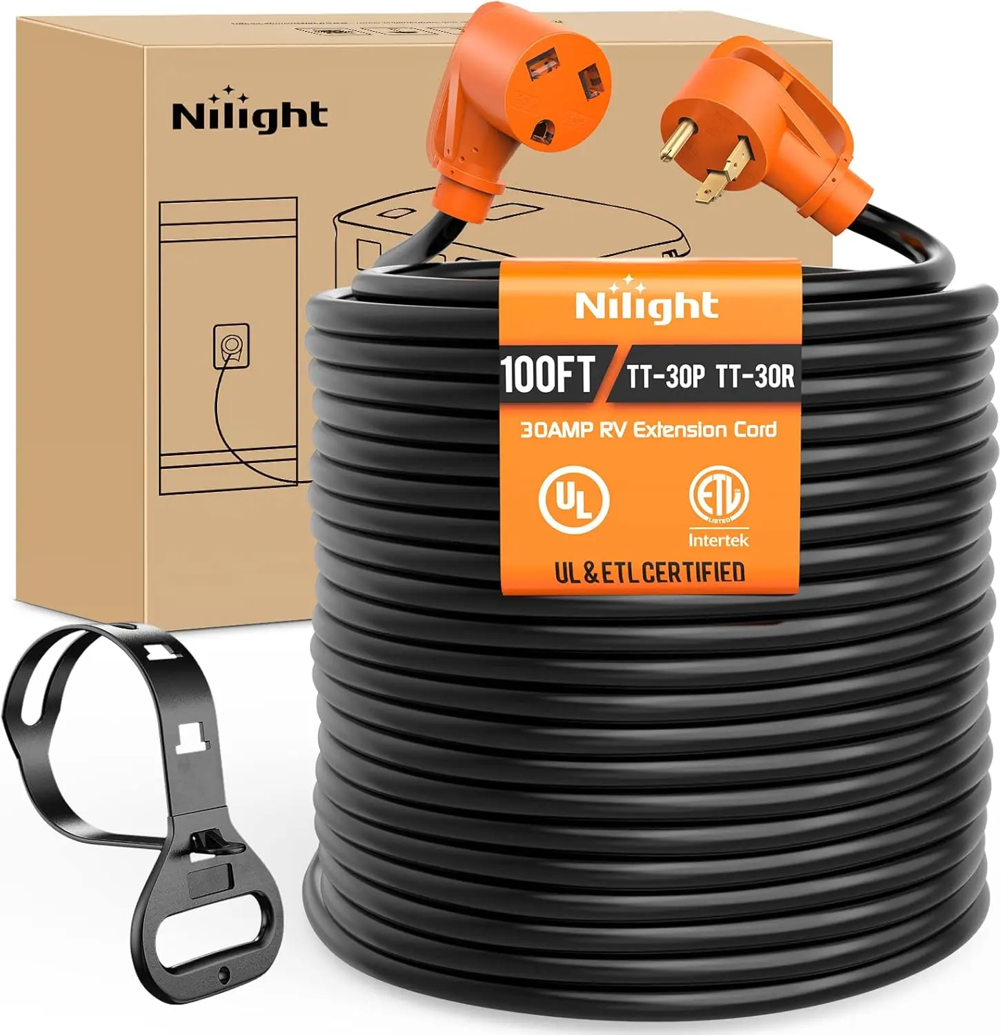 Nilight 30 Amp 100FT RV Extension Cord 125V Heavy Duty 10 Gauge Pure Copper STW Wire UL ETL Listed 3 Prong TT-30P TT-30R 30F/30M Weatherproof Suit for Camper Caravan Trailer, 100Ft Long