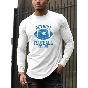 Detroit Football Print Men'S Casual Crew Neck Long Sleeve T-Shirt, Polyester Knit with Slight Stretch, Regular Fit, Fall Fashion Top, Men'S Gift - Est. 1929