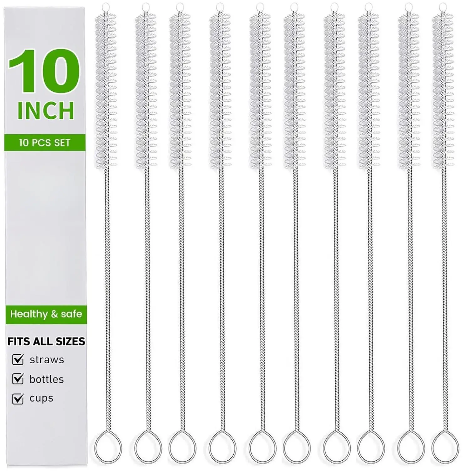 10 Pack Reusable Straw Cleaner Brush Set Extra Long 10in Stainless Steel Heavy-Duty Deep Reach Cleaning Kit for Baby Sports Water Bottles Tumblers