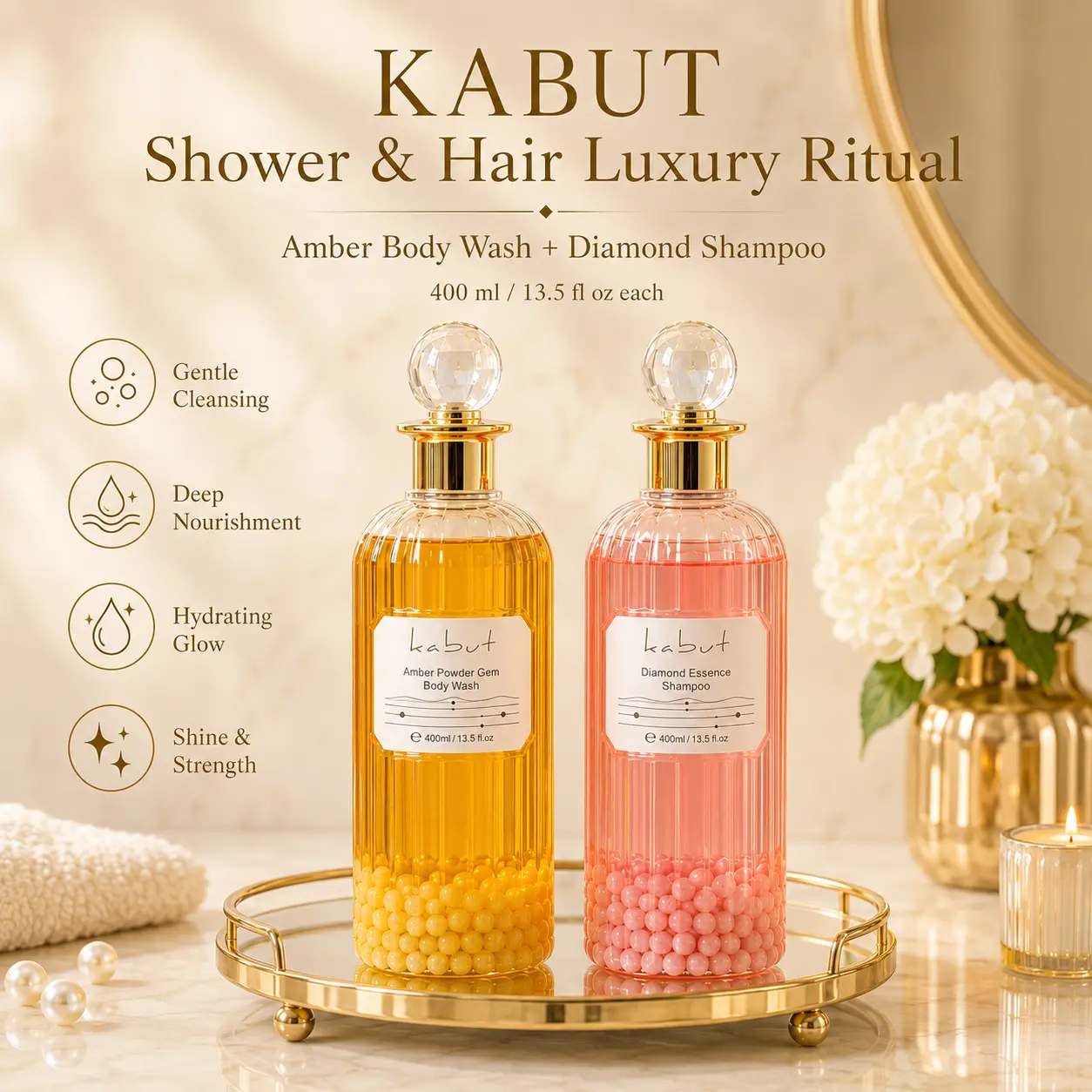 KABUT Amber & Diamond Luxurious Bath & Hair Care Set - 400ml Amber Powder Gem Body Wash with Pearl Extracts & 400ml Shampoo with Plant-Based Formula
