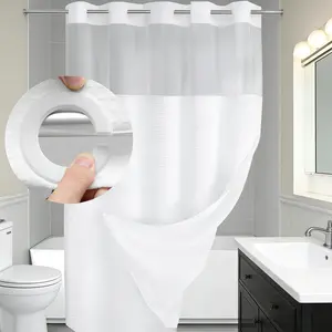 White Double Layer Waffle-Pattern Shower Curtain - No Hook Snap-in Liner, Fabric Waterproof Inner & Washable White Outer Cloth, Modern Bathroom Accessory for Home/Hotel/Salon/Dorm, 72x75 Inch